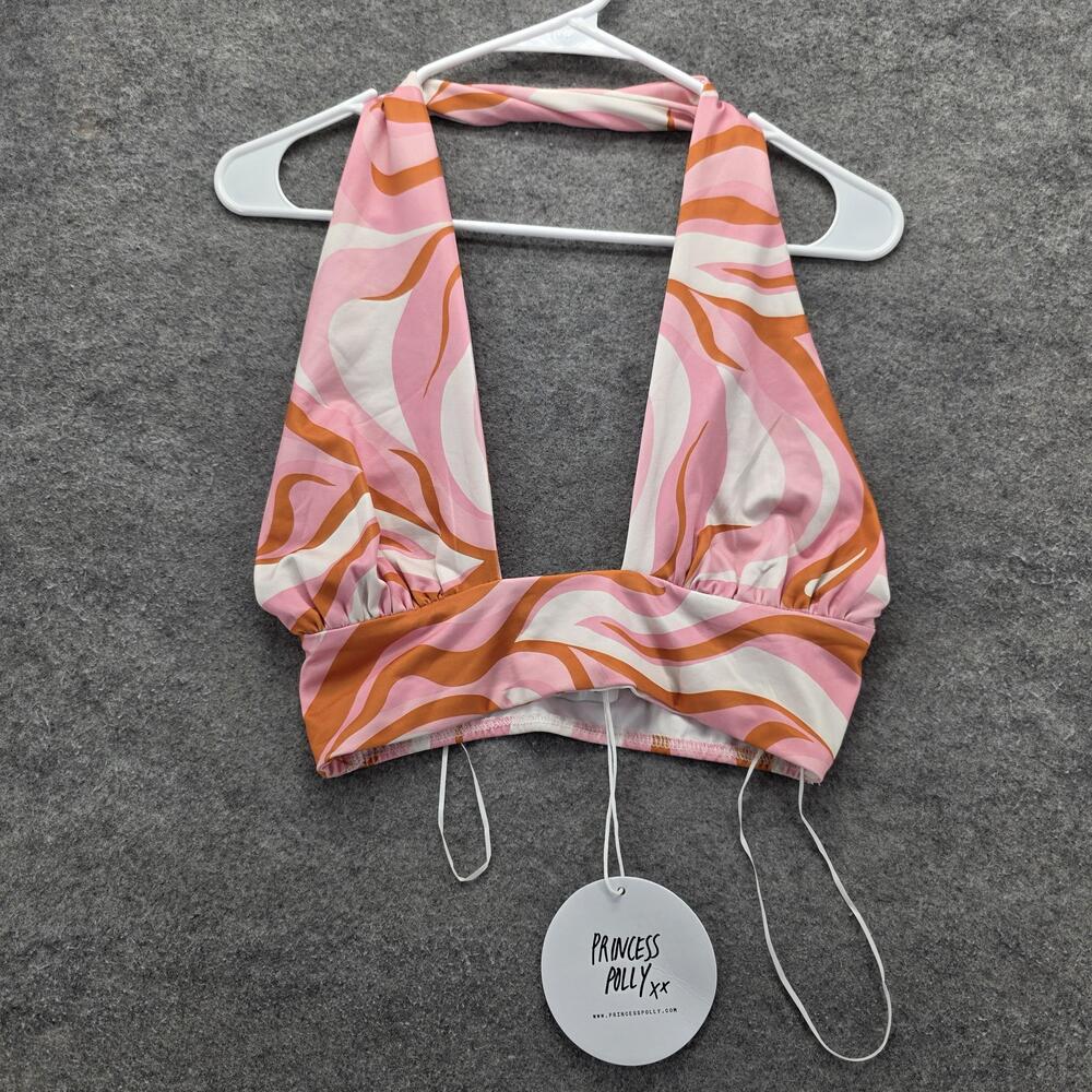 Princess Polly Top Womens 4 Pink Multi Tilda Halter Crop Swirl Print Tie Back